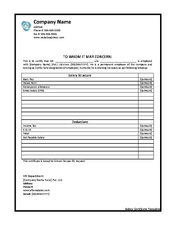 salary certificate template