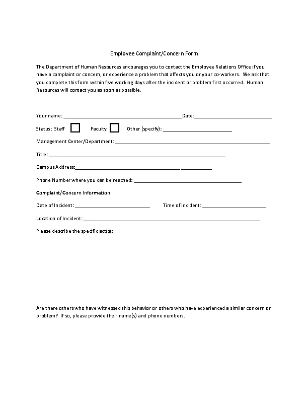 Editable Employee Complaint Form On Hr Pdf Format