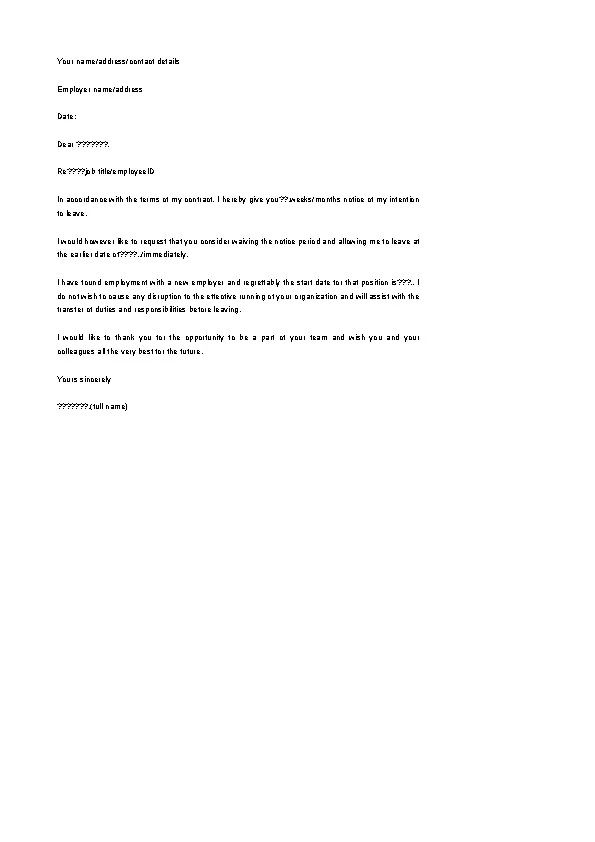 Editable Waiver Of Notice Period Resignation Letter Template
