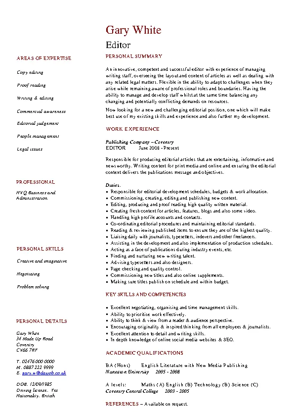 Editor Cv Template - PDFSimpli