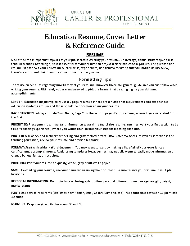 Education Resume Cover Letter And Reference Guide