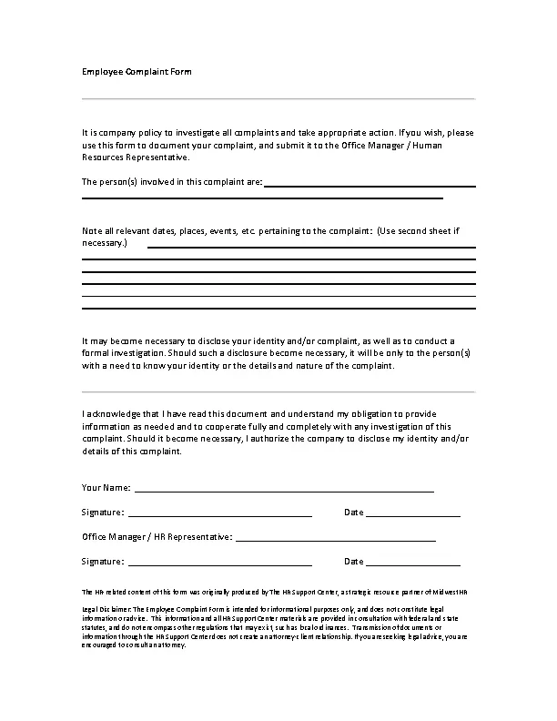 Employee Harassment Complaint Form Pdfsimpli