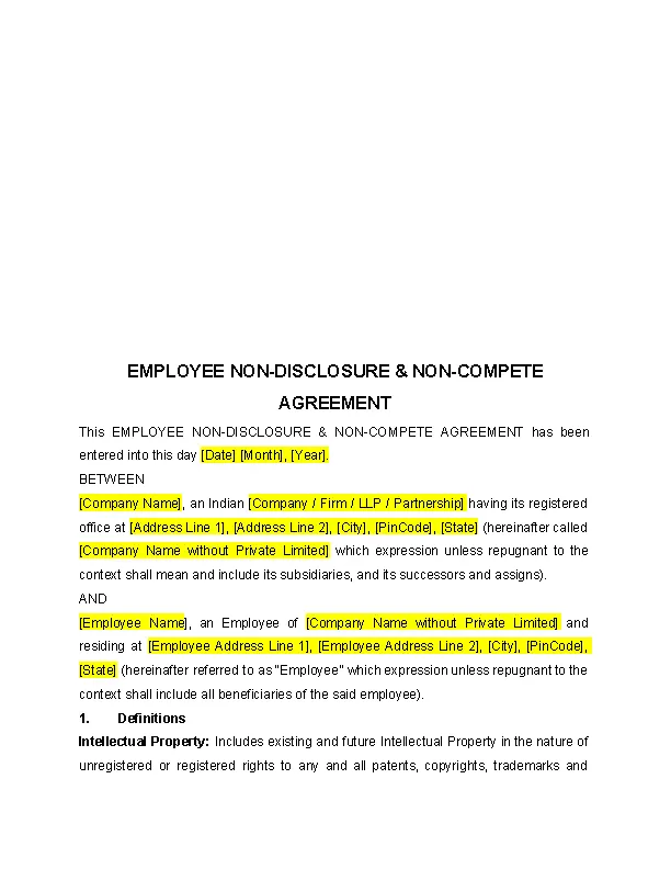 Employee Non Disclosure And Non Compete Agreement