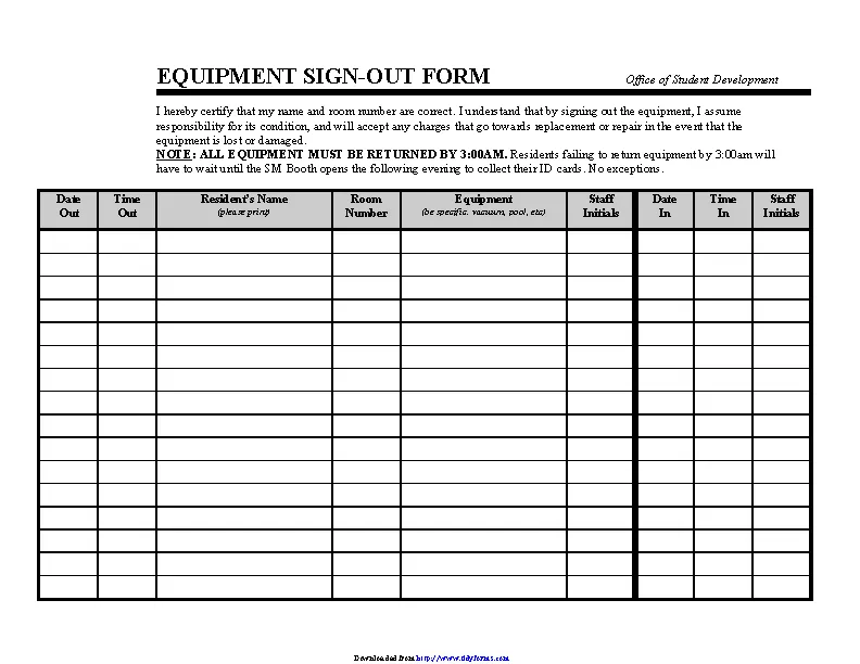Equipment Sign Out Form