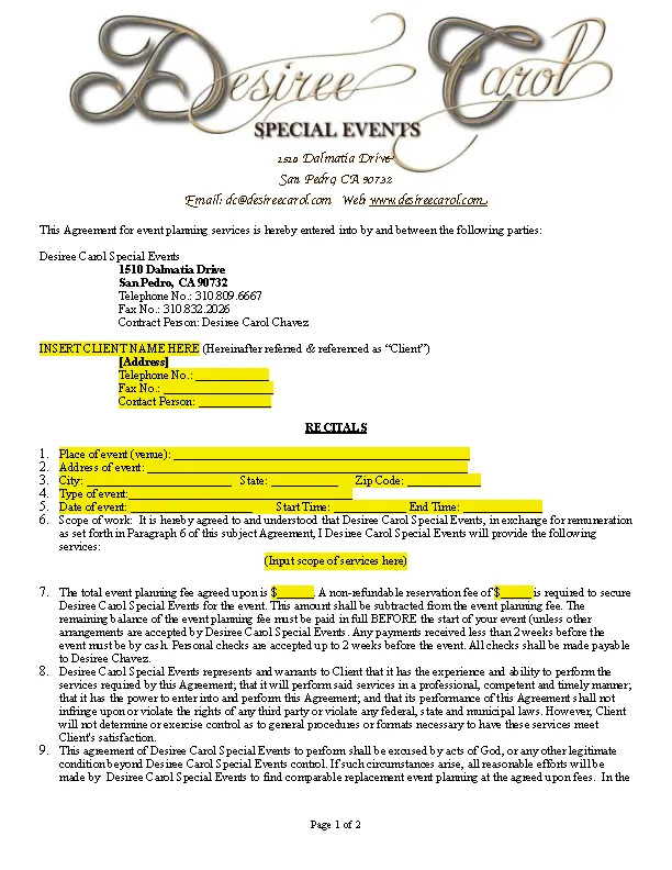 Event Planner Sample Contract