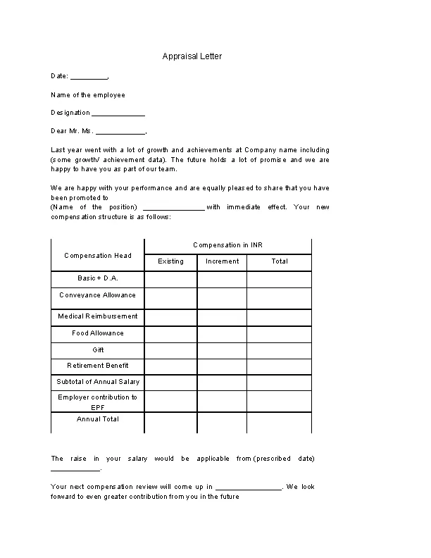 Example Appraisal Letter Template