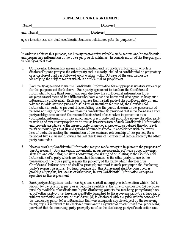 Example Business Non Disclosure Confidentiality Agreement