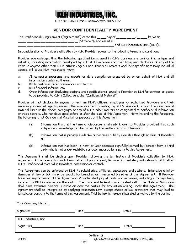 Example Customer List Vendor Confidentiality Agreement