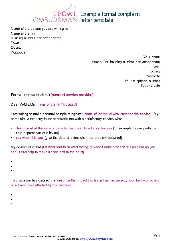 Example Formal Complaint Letter Template