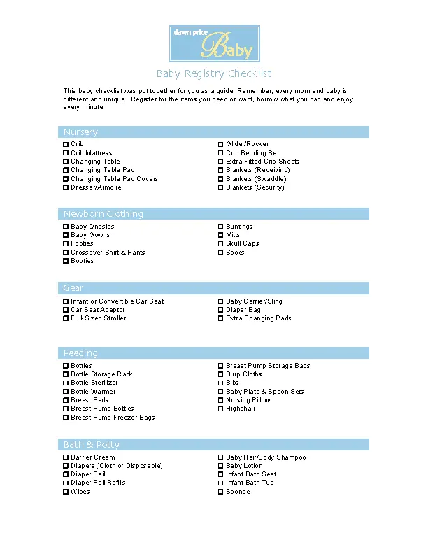 Example Free Baby Gift Registry Checklist PDFSimpli