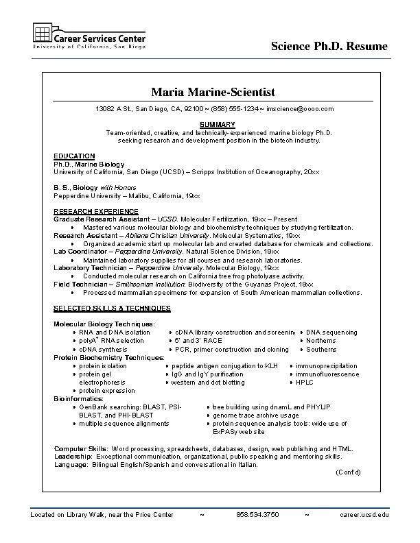 Example Of The Science Resume