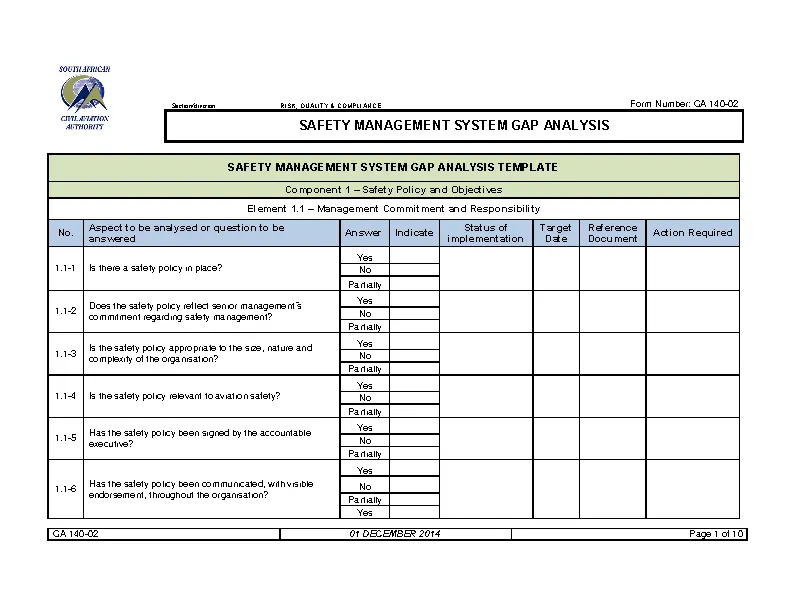 Example Safety Management System Gap Analysis