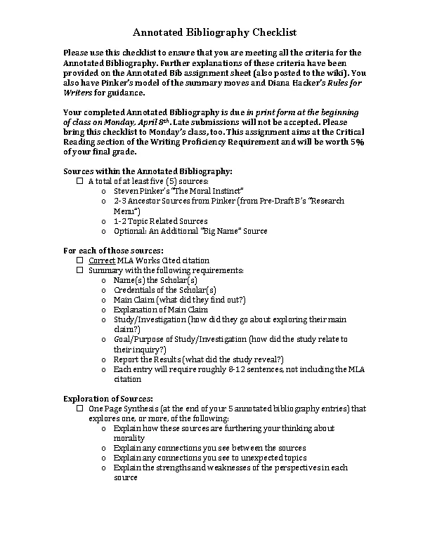 Example Simple Annotated Bibliography Checklist Download