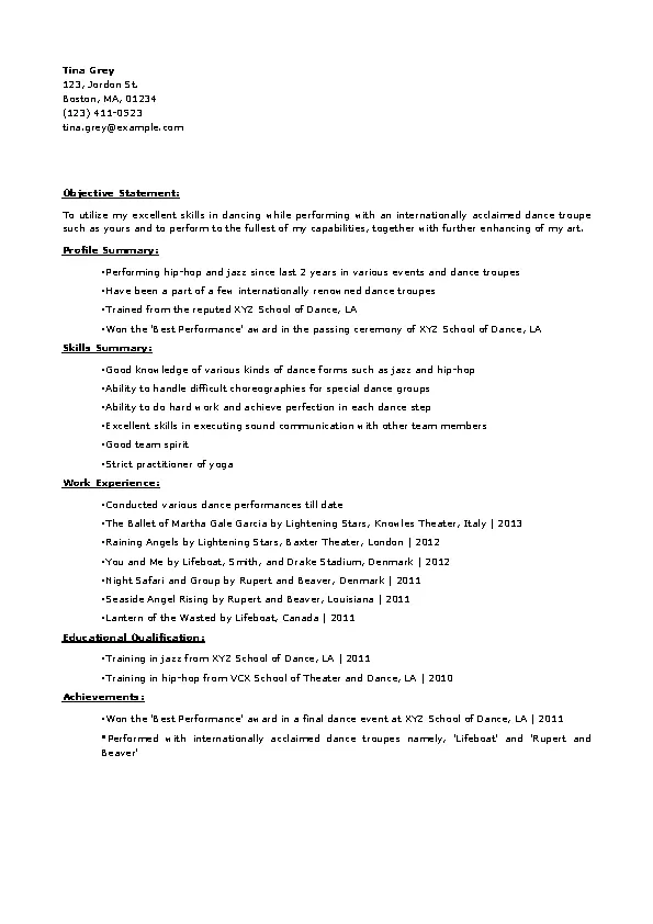 Experinced Level Dancer Resume Template - PDFSimpli