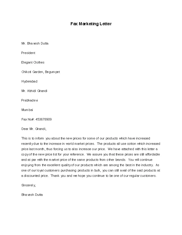 Fax Marketing Letter - PDFSimpli