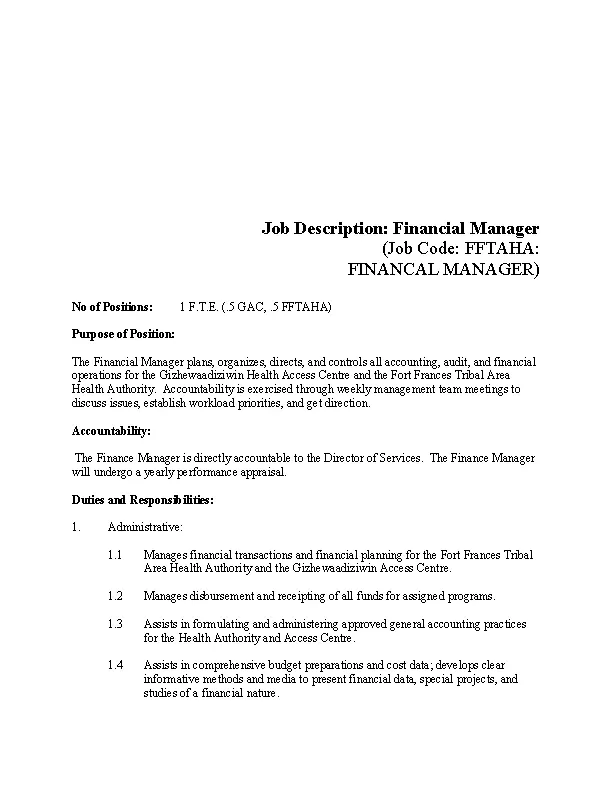 Finance Manager Job Description Template Word