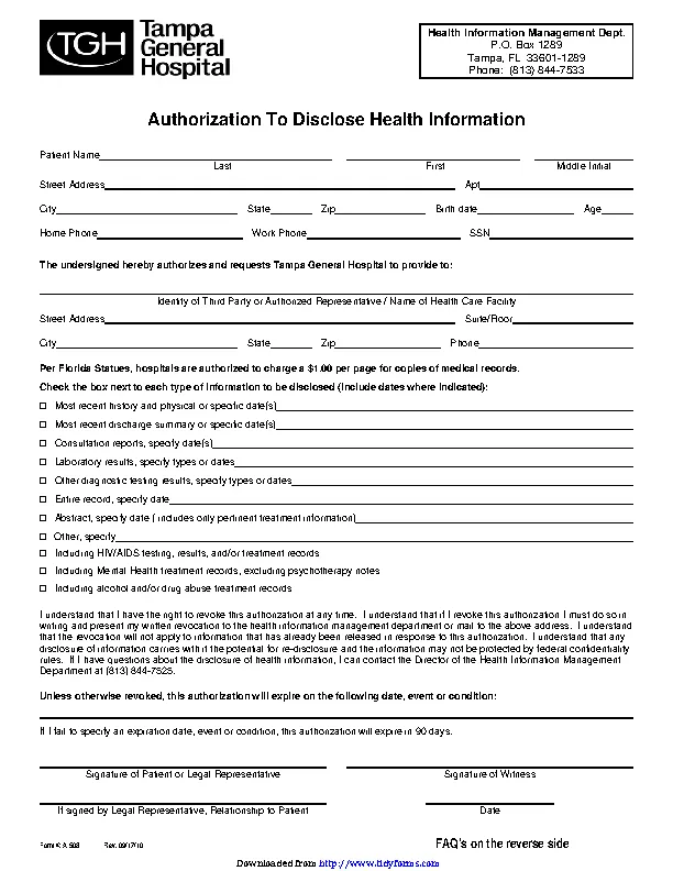 Florida Authorization To Disclose Health Information