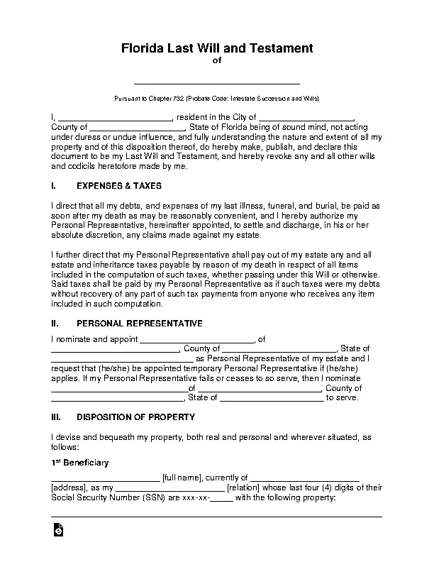 Florida Last Will And Testament Template