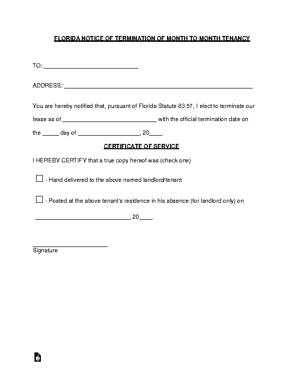 Florida Lease Termination Letter Form