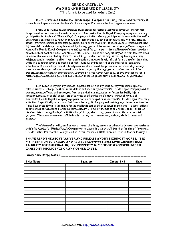 Florida Liability Release Form For Adults