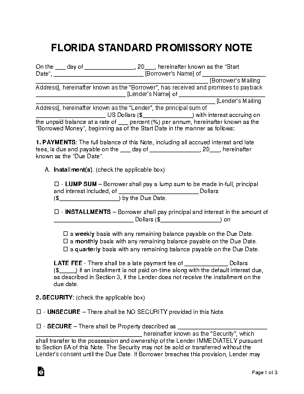 Florida Standard Promissory Note Template