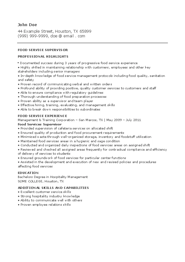 Food Service Supervisor Resume PDFSimpli