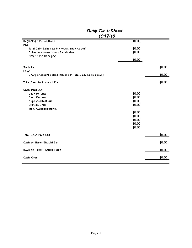 Free Daily Work Cash Sheet Template Download - PDFSimpli