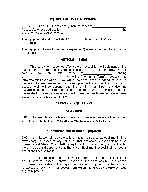 Free Equipment Leases Template - PDFSimpli