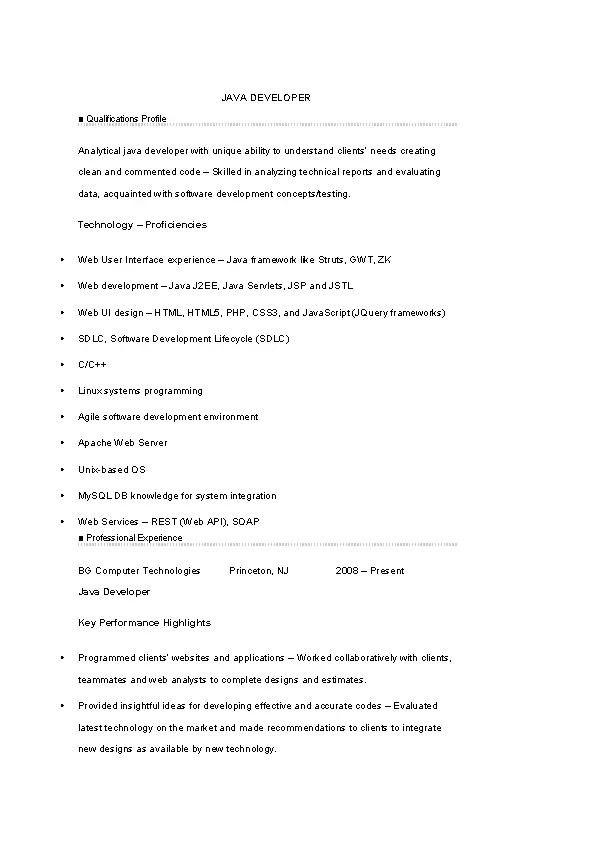 Free Java Developer Resume Download - PDFSimpli
