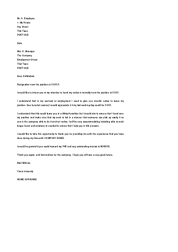 Free Notice Period Resignation Letter Example Download