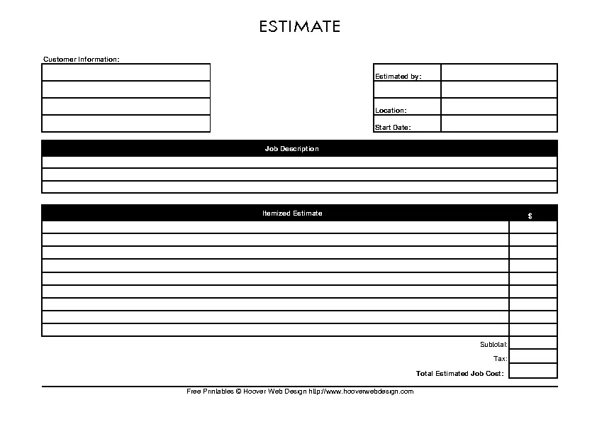 Free Printable Job Estimate Form Template In Pdf