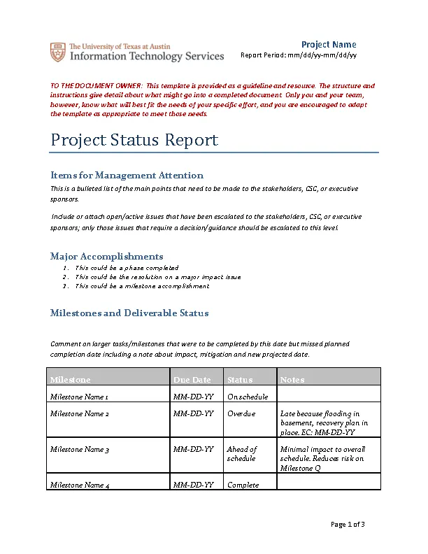 Free Project Status Templates