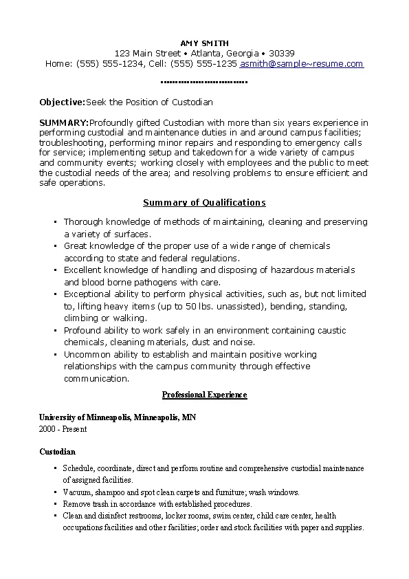 Free Sample Custodian Resume - PDFSimpli