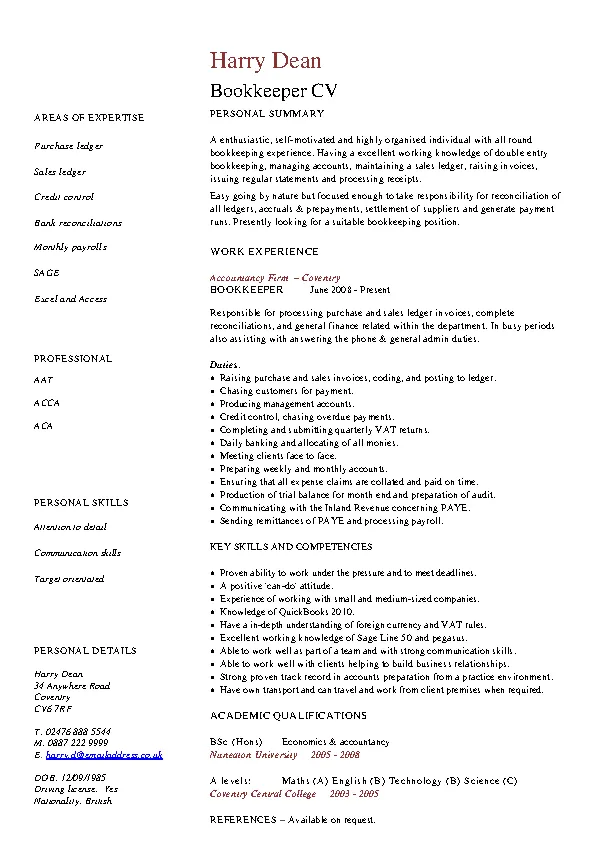 General Bookkeeper Resume - PDFSimpli