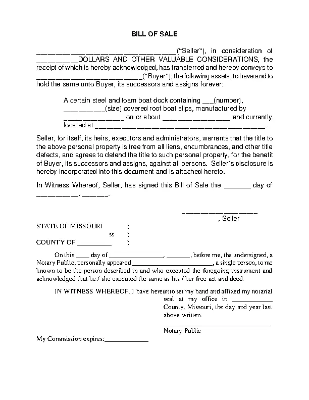 Generic Bill Of Sale For Boat