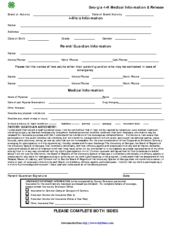 Georgia 4 H Medical Information Release Form