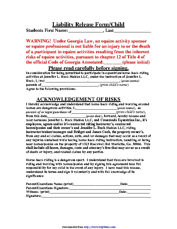 Georgia Liability Release Form For Child