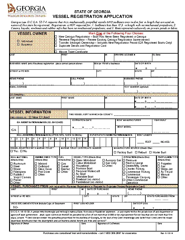 Georgia Vessel Registration Application Pdfsimpli 2252