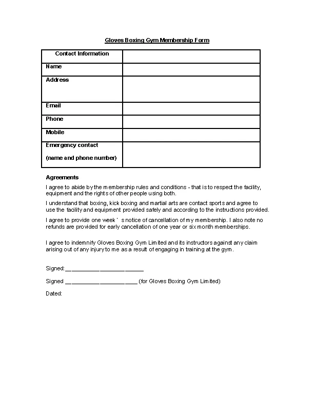 Gloves Boxing Gym Membership Form Contract Template Download