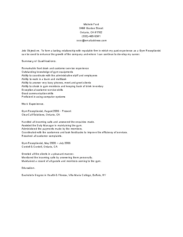 Gym Receptionist Resume PDFSimpli