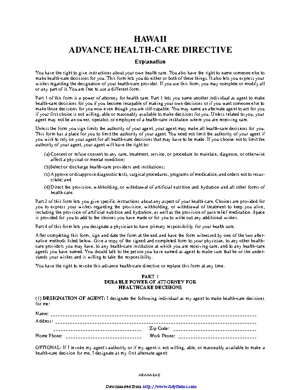 Hawaii Advance Health Care Directive Form 1