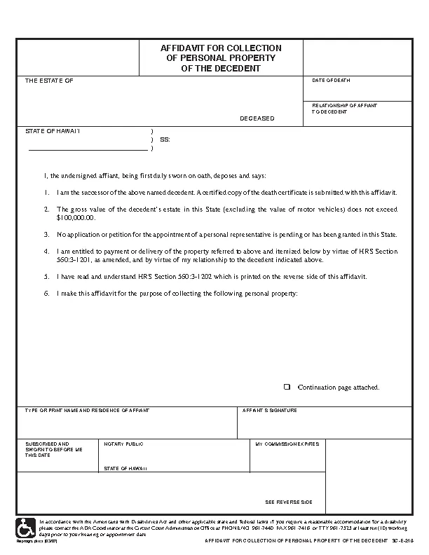 Hawaii Affidavit For Collection Of Personal Property Of The Decedent Form