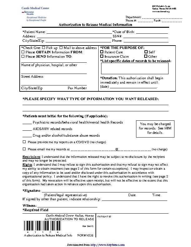 Hawaii Authorization To Release Medical Information Form - PDFSimpli