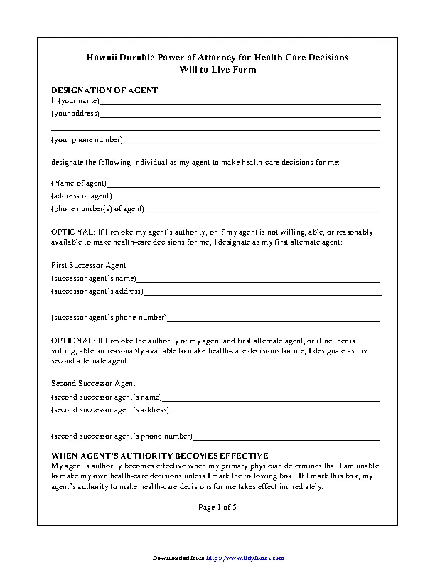 Hawaii Durable Power Of Attorney For Health Care Decisions Form PDFSimpli