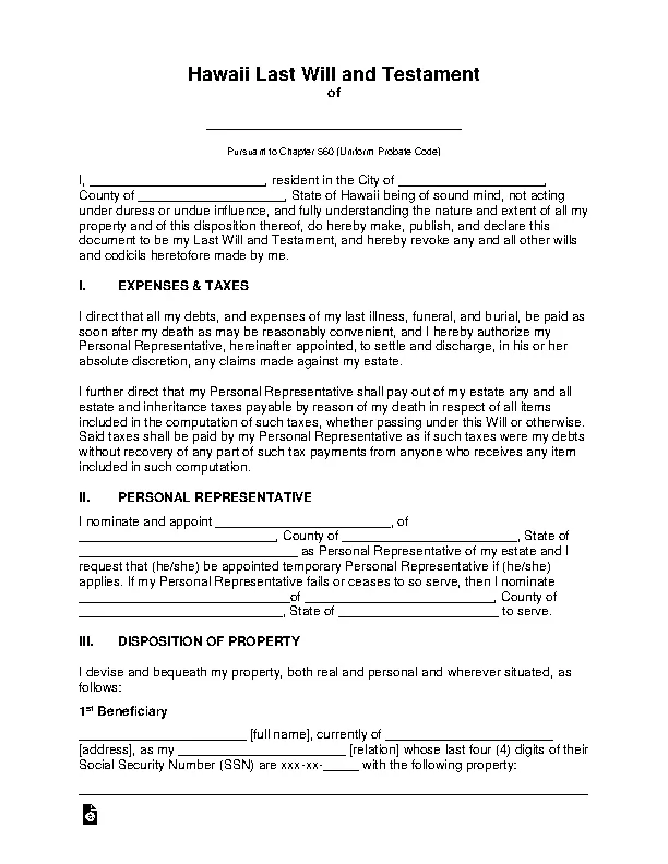 Hawaii Last Will And Testament Template
