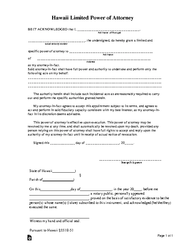 Hawaii Limited Power Of Attorney Form