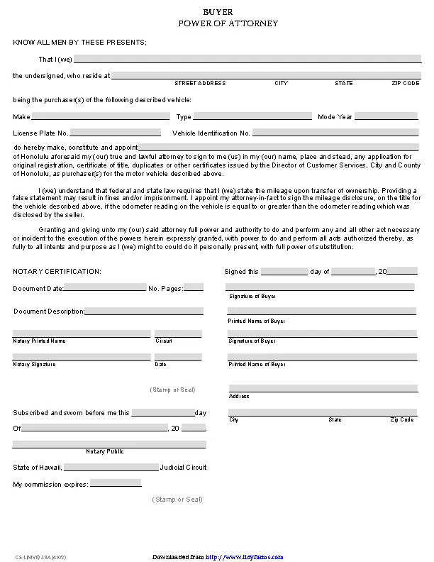 Hawaii Motor Vehicle Power Of Attorney Buyer Form Pdfsimpli 2302