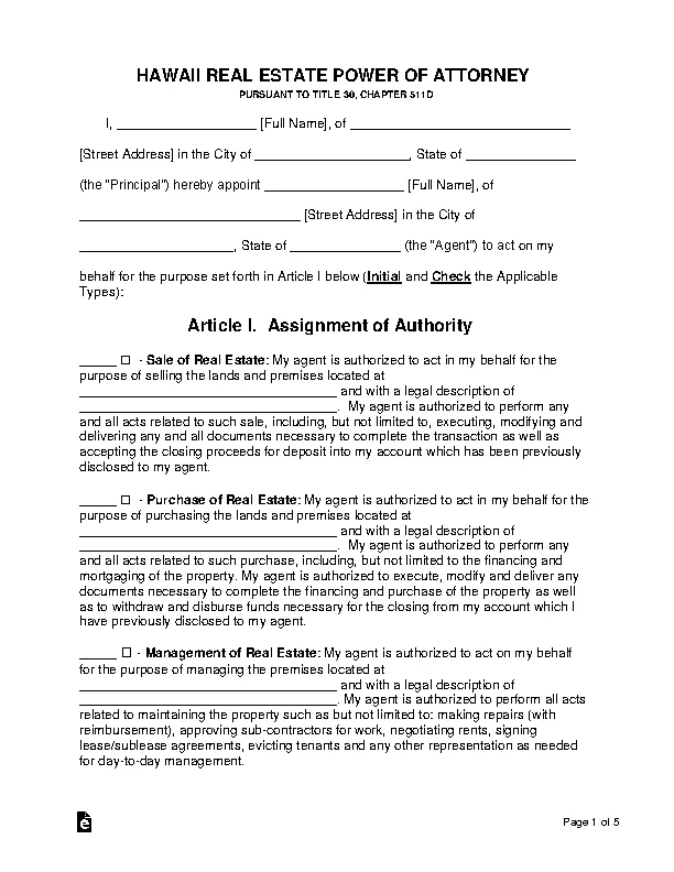 Hawaii Real Estate Power Of Attorney Form
