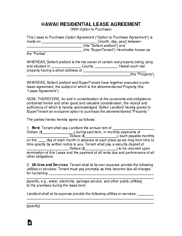 hawaii residential lease with option to purchase form - PDFSimpli