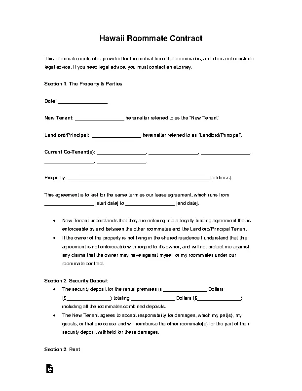 Hawaii Roommate Agreement Form